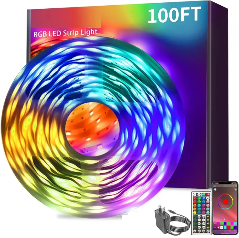 100-Foot Bluetooth RGB LED Strip Light for Indoor Mood Lighting – App and Remote Controlled