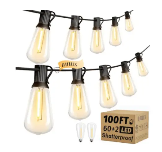 100-Foot Outdoor Edison String Lights – 62 Warm White ST38 LED Bulbs
