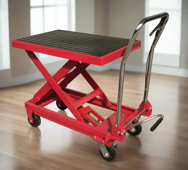 1000 lb Red Steel Mobile Scissor Lift Table – Hydraulic Platform with 34.5″ Height Adjustment