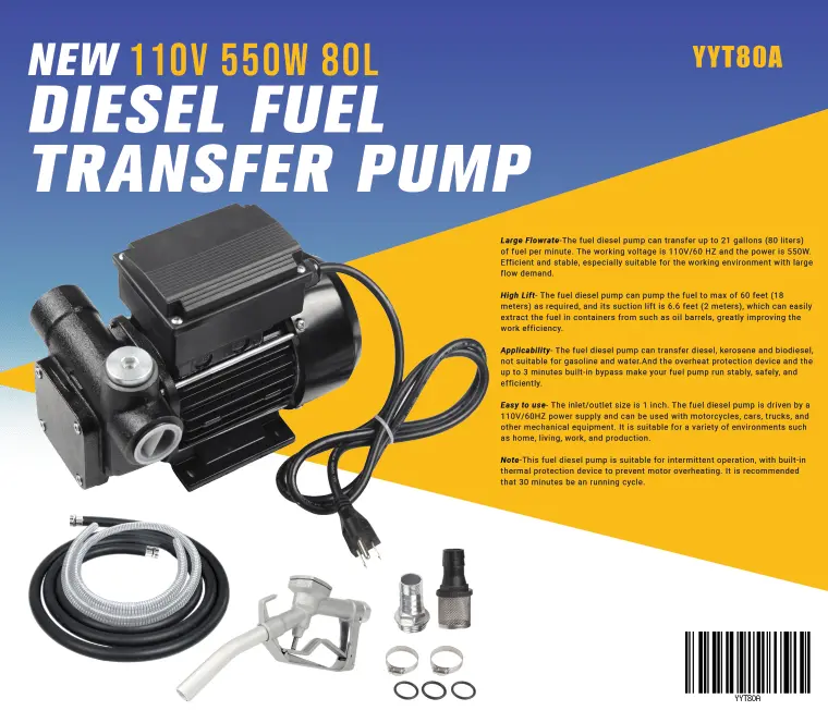 110V Diesel Transfer Pump Kit – 550W Motor, 80L/min Flow with Heavy-Duty Components (Model YYT80A)