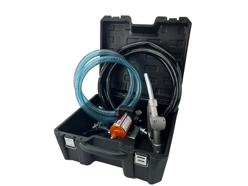 12V Dual-Fuel Transfer Pump – 10 GPM Manual Nozzle for Gasoline or Diesel (DCEX100B)