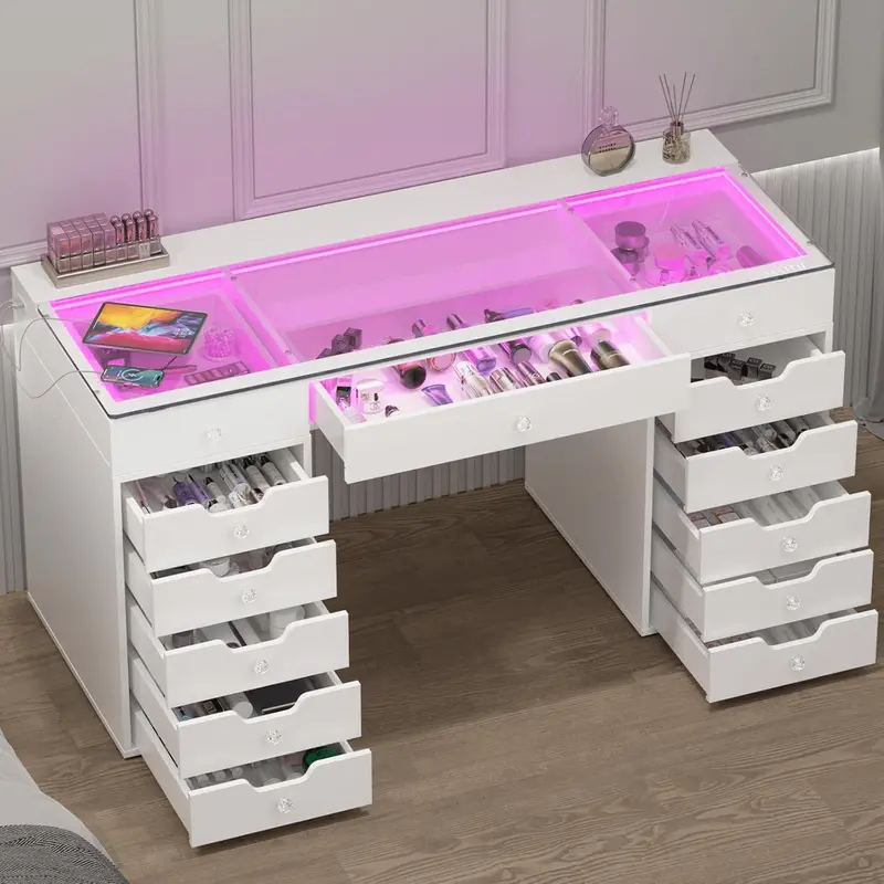 13-Drawer Illuminated Vanity Desk with RGB Lighting and Dual USB/Type-C Charging – White Glass Top DT057W