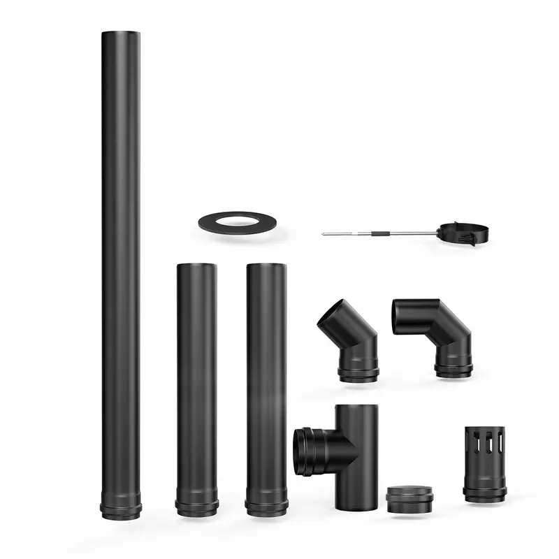 1mm Steel Chimney Pipe Kit – Complete Flue System with Cap, T-Pipe, Elbows & Trim Plate (3.15″) for Wood and Pellet Heaters (KK48181)