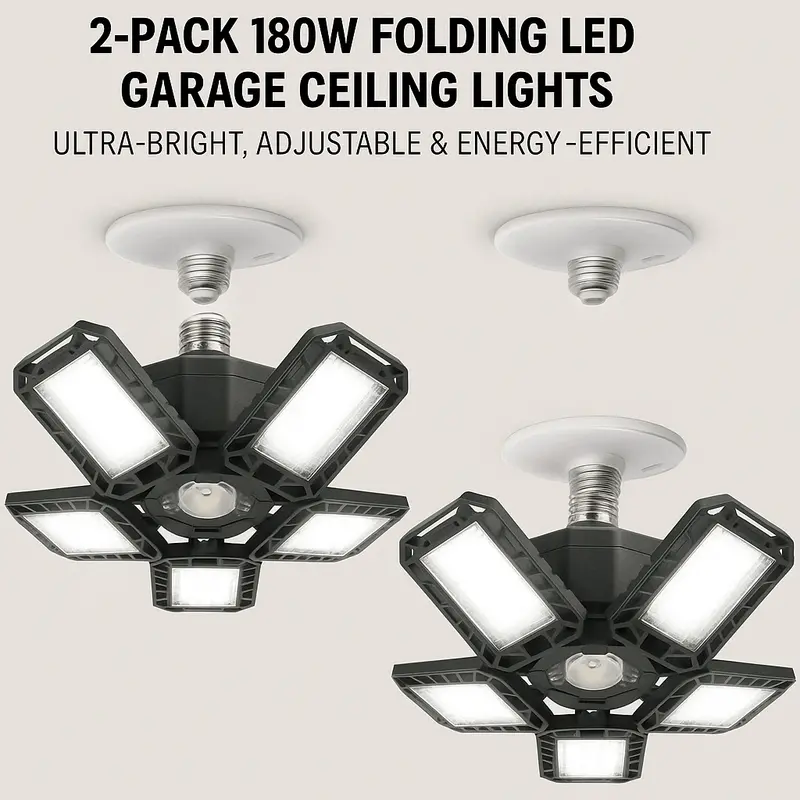 2-Pack 180W Adjustable LED Folding Garage Lights – Ultra-Bright Ceiling Panels | Model 937211