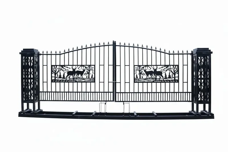 20-Foot Black Dual-Swing Steel Driveway Gate – Square Deer Motif Ranch-Style Entry System