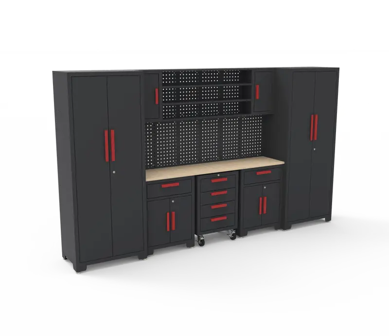 206103 Garage Tool Cabinet Set – 16-Piece Heavy-Duty Steel Storage System with Solid Wood Worktop