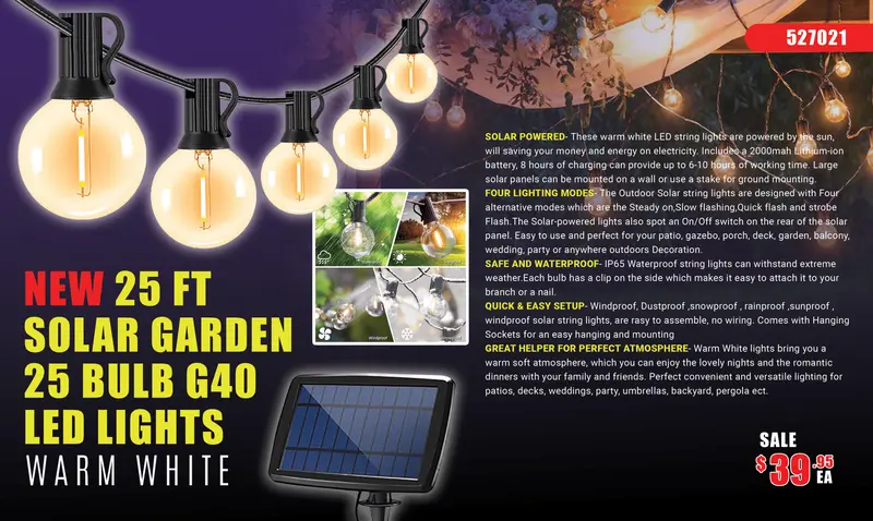 25-Foot Solar-Powered G40 String Lights – 25-Warm-White Bulbs for Garden, Patio & Backyard Ambiance (527021)