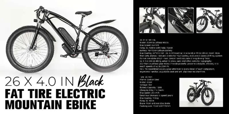 2504291 26″ Fat-Tire Electric Mountain Bike – 350W Motor, 48V Battery, Matte Black Finish