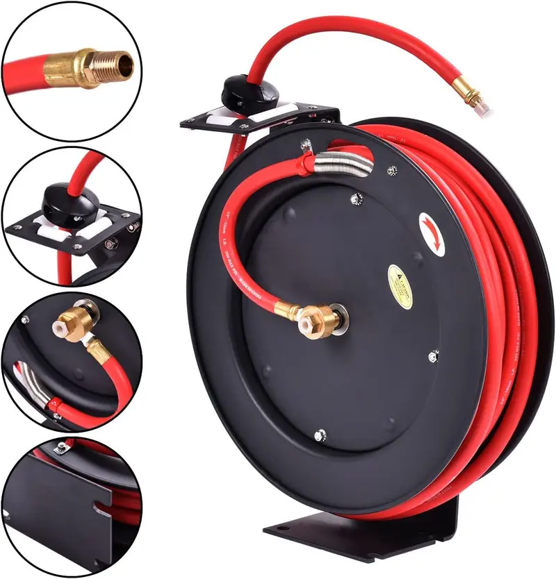 3/8″ x 25-Foot Hybrid Metal Air Hose Reel – Retractable, Kink-Resistant Compressor Hose with Robust Mounting S1163