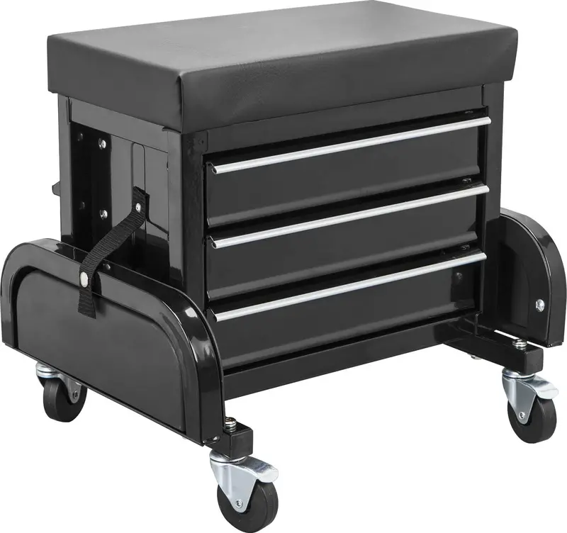 3-Drawer Rolling Mechanics Seat with Tool Chest – Padded Cushion, Side Trays & 180KG Load Capacity (Model MUSTB)