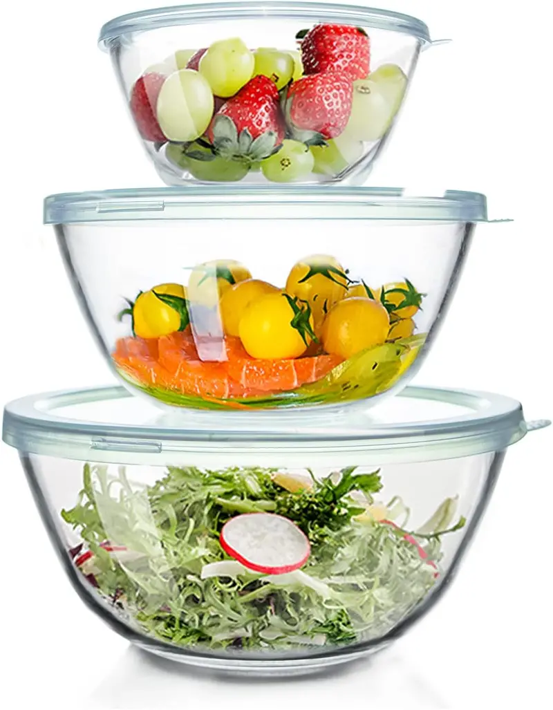 3-Piece Nesting Glass Mixing Bowl Set – With Lids, Ideal for Salad Prep & Baking