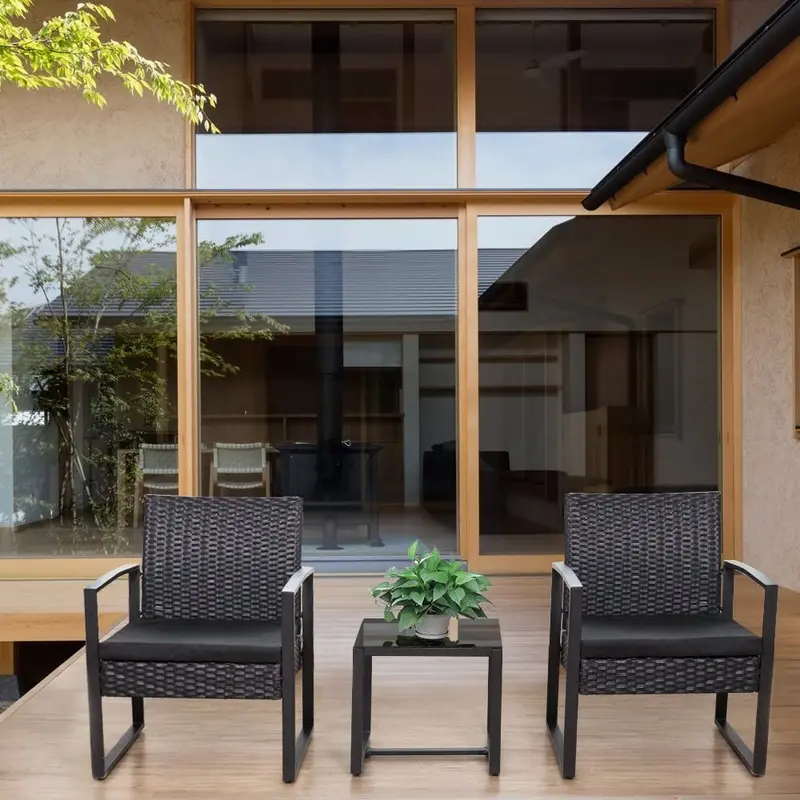 3-Piece Outdoor Patio Set – Modern Wicker Armchairs & Tempered Glass Dining Table 726616