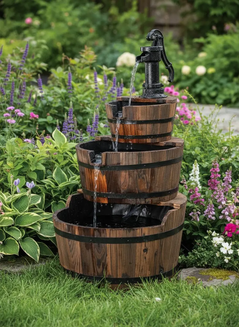 3-Tier Rustic Wooden Barrel Water Fountain – Outdoor Garden Feature with Submersible Pump WWF51