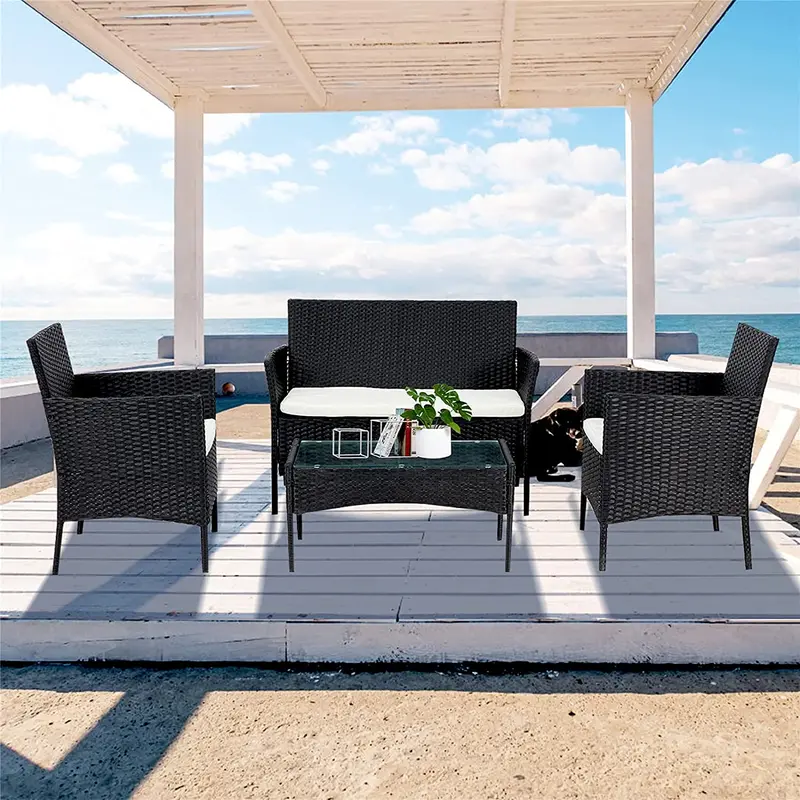 4-Piece Outdoor Rattan Patio Set: Loveseat, Two Chairs & Coffee Table – Modern Garden Furniture 726630