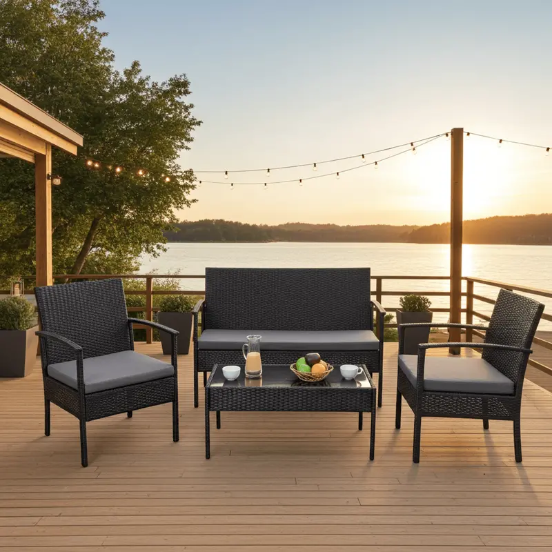 4-Piece Rattan Outdoor Furniture Set – Cushioned Seating + Tempered Glass Coffee Table (726201)
