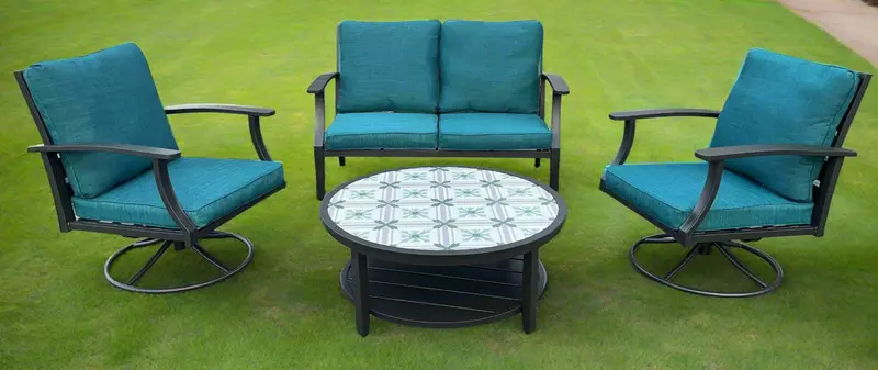 4-Piece Swivel Outdoor Metal Furniture Set – Includes Loveseat, Two Chairs, and Matching Coffee Table | SKU: 820756