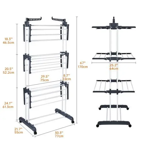 4-Tier Rolling Laundry Drying Rack – Stainless Steel Foldable Airer with Casters