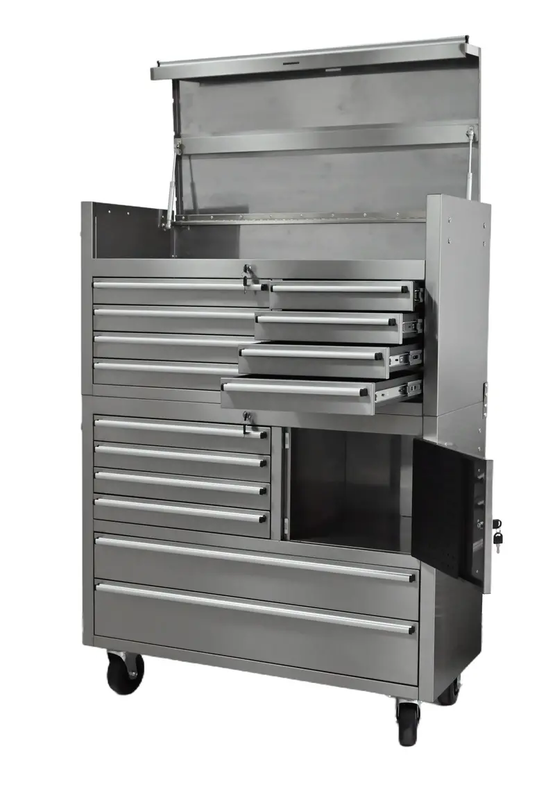 41-Inch Stainless Steel 14-Drawer Tool Bench – Heavy-Duty Rolling Workstation with Locking 5-Inch Casters (Model TB4118S)