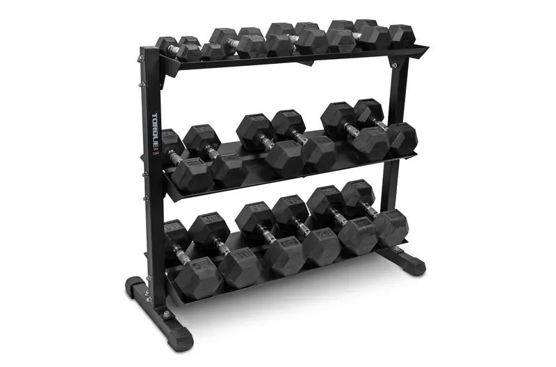 5–50 LB Rubber Hex Dumbbell Set with 4′ Rack