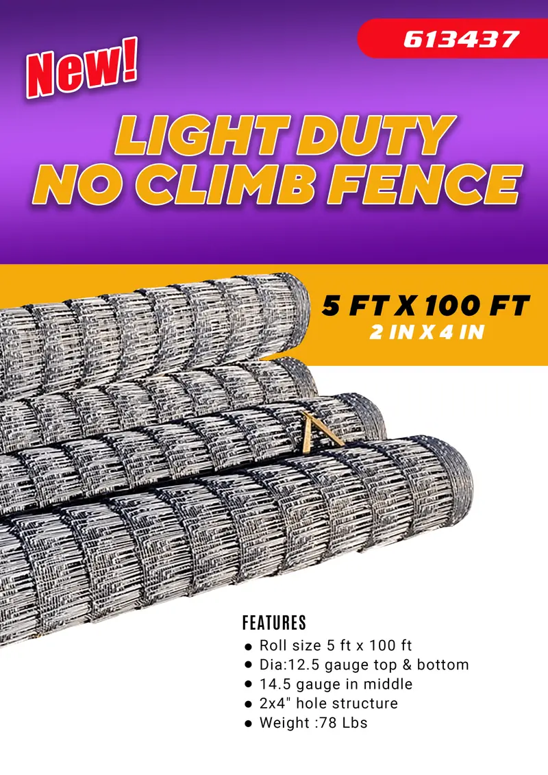 5 ft × 100 ft Light-Duty No-Climb Animal Fence – 2″ × 4″ Welded Wire for Small Livestock and Garden Use | SKU: 613437