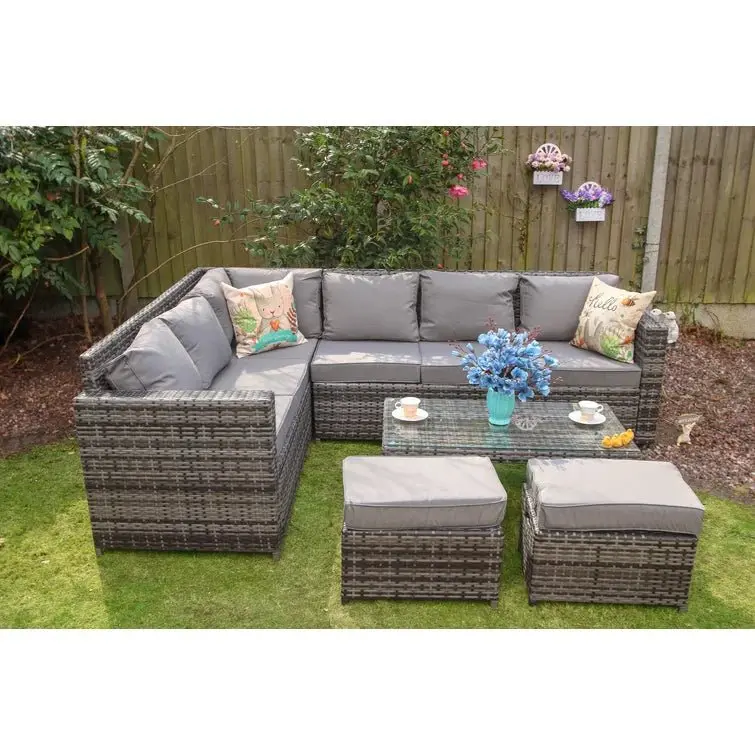 5-Piece All-Weather Patio Sofa Set Featuring Wicker Weave, Steel Frame, Center Table, and Matching Ottomans