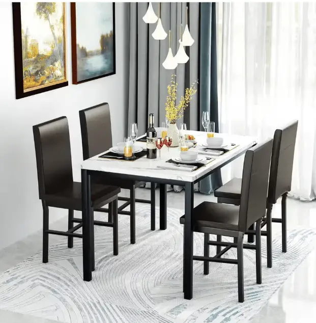 5-Piece Space-Saving Dining Set with Faux Marble Table Top and PU Leather Upholstered Chairs for Four