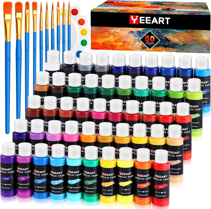 50-Color Acrylic Paint Set – 60ml Bottles with Brushes and Mixing Tray