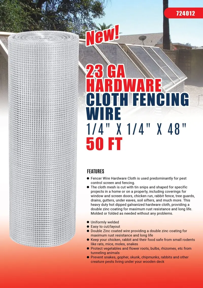50-Foot Galvanized 23-Gauge Hardware Cloth Roll – 1/4-Inch Mesh Wire Fencing for Gardens, Small Animal Enclosures & DIY Projects
