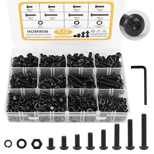 512-Piece M6 Metric Fastener Kit – Grade 12.9 Socket Cap Screws, Nuts, and Washers (M6BN0512)