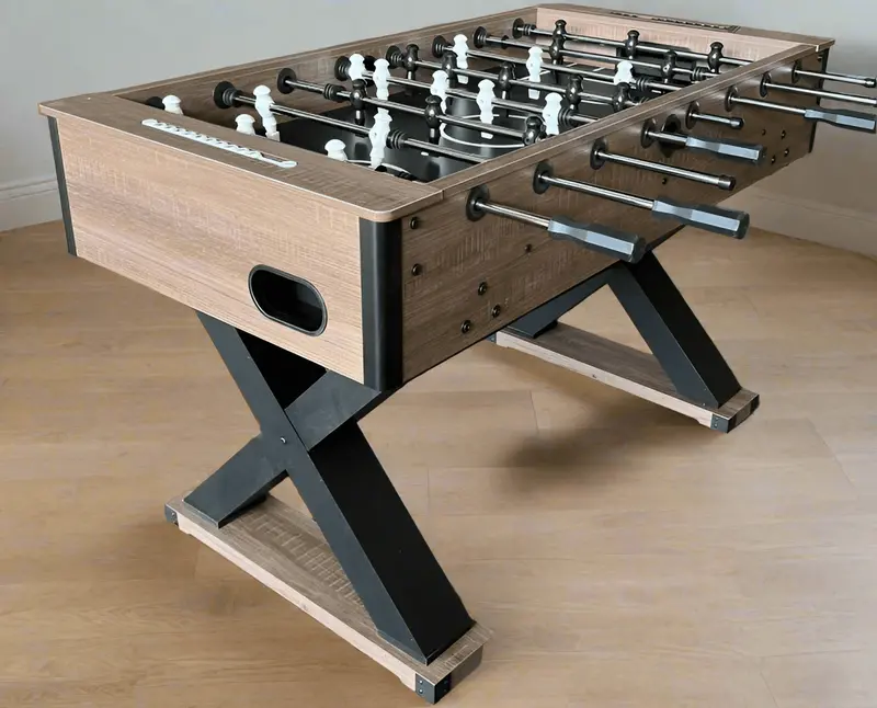 54-Inch Excalibur Foosball Table with Driftwood Finish, X-Base Design, and Ball Return System