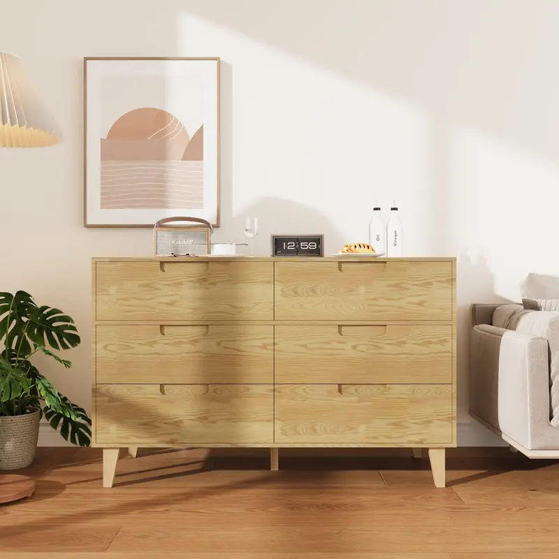 6-Drawer Natural Wood-Finish Dresser — Minimalist Storage Cabinet with Wooden Legs for Bedroom or Foyer