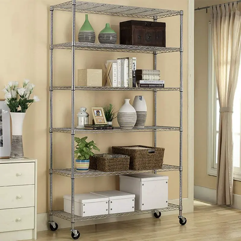 6-Tier Adjustable Chrome Wire Shelving Unit – Heavy-Duty Modular Storage Rack for Garages and Warehouses