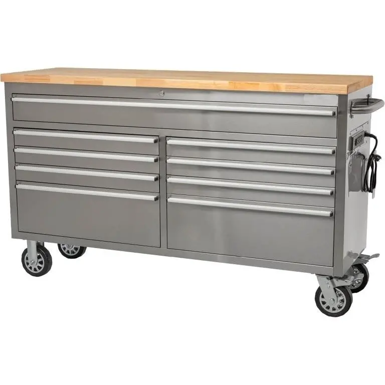 61-Inch Stainless Steel 9-Drawer Tool Chest – Industrial-Grade Storage with Built-in Power Strip (HTC6109W)