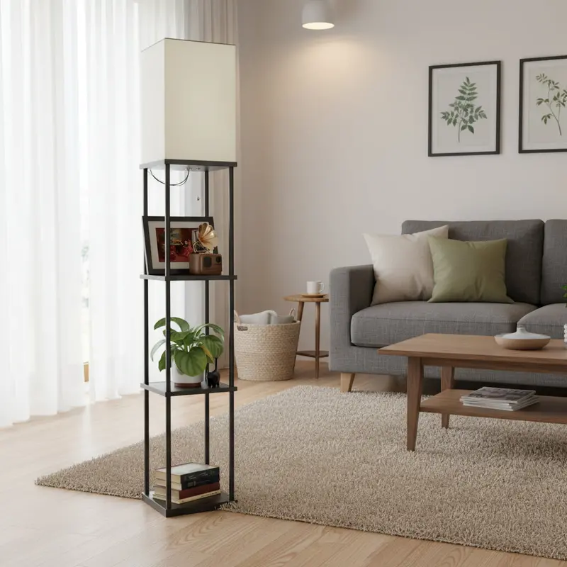 63-Inch Modern Floor Lamp with Built-In Shelves – 3-Color LED Lighting & Storage Design for Living Room or Bedroom | 250331