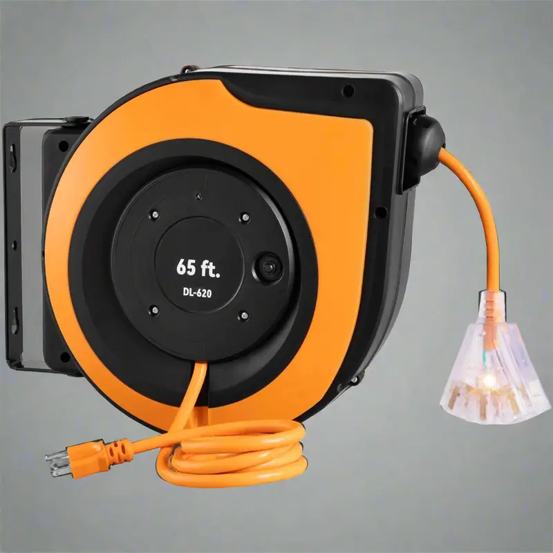 65-Foot Retractable Extension Cord Reel – 12-AWG Heavy-Duty Cable with Triple Outlets & Built-in LED Light (127340)