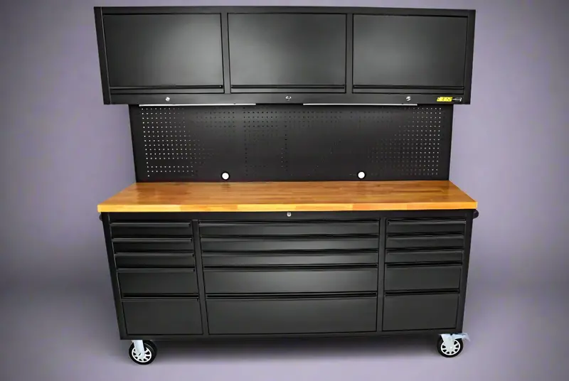 72-Inch 18-Drawer Rolling Tool Cabinet & Workbench – Heavy-Duty Steel Frame with Solid Wood Top (HTC7218PC)