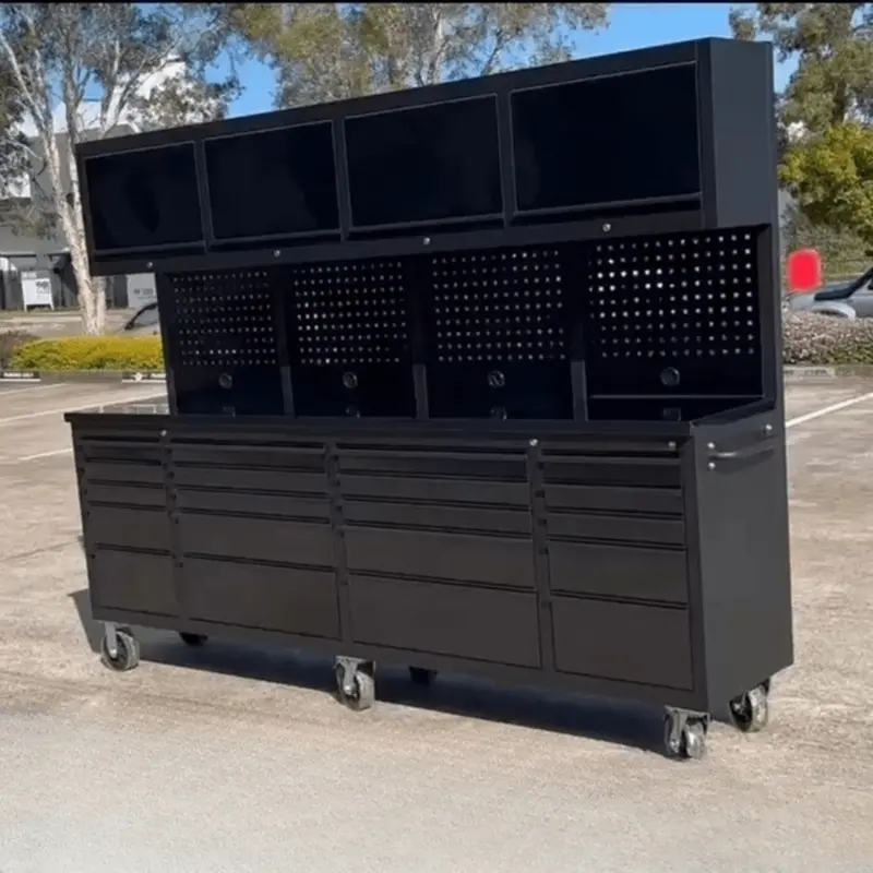 8 FT Deluxe Black Stainless Steel Tool Bench & Cabinet – Mobile Heavy-Duty Workstation with Integrated Storage | GTX2422BSS
