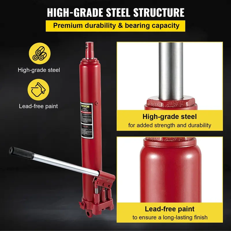 8-Ton Long-Ram Hydraulic Jack – Extended Reach, 17,636 LB Capacity for Industrial Use (Model 658073)