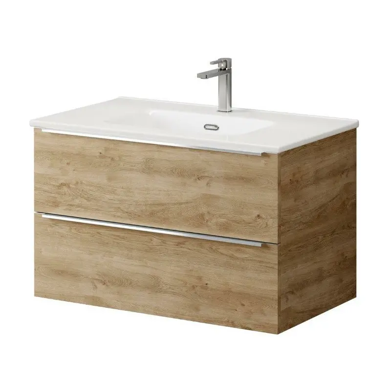80cm Natural Oak Wall-Mounted 2-Drawer Vanity Unit (Without Basin)
