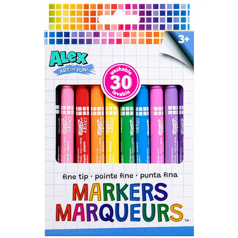 Alex Art Fine Tip Markers – 30-Pack Washable, Non-Toxic Coloring Set for Ages 3+
