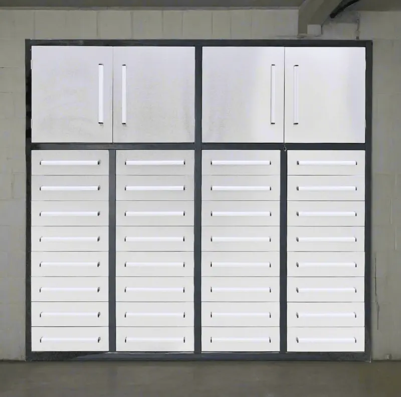 All-Steel Workbench with Integrated Tool Cabinets — 16 or 32-Drawer Garage Workstation