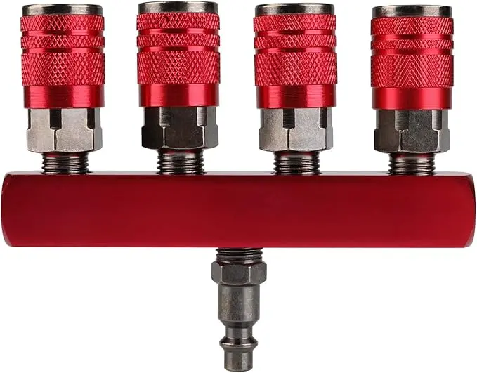 Aluminum 4-Way Pneumatic Air Manifold with Five 1/4″ NPT Ports and Plug