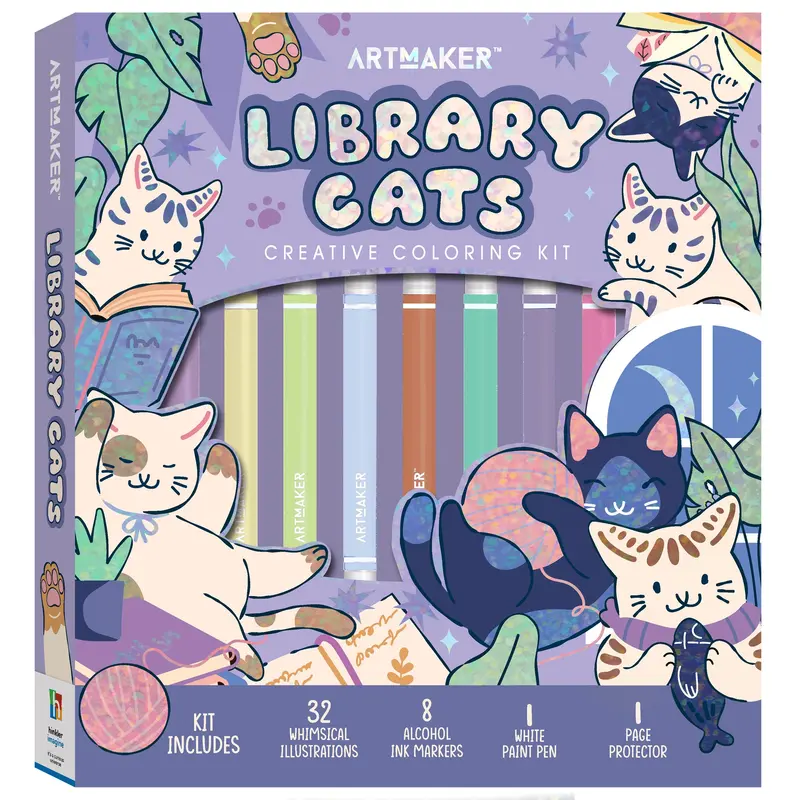 Art Maker Library Cats Coloring Kit – 32 Illustrations + 8 Markers + Paint Pen
