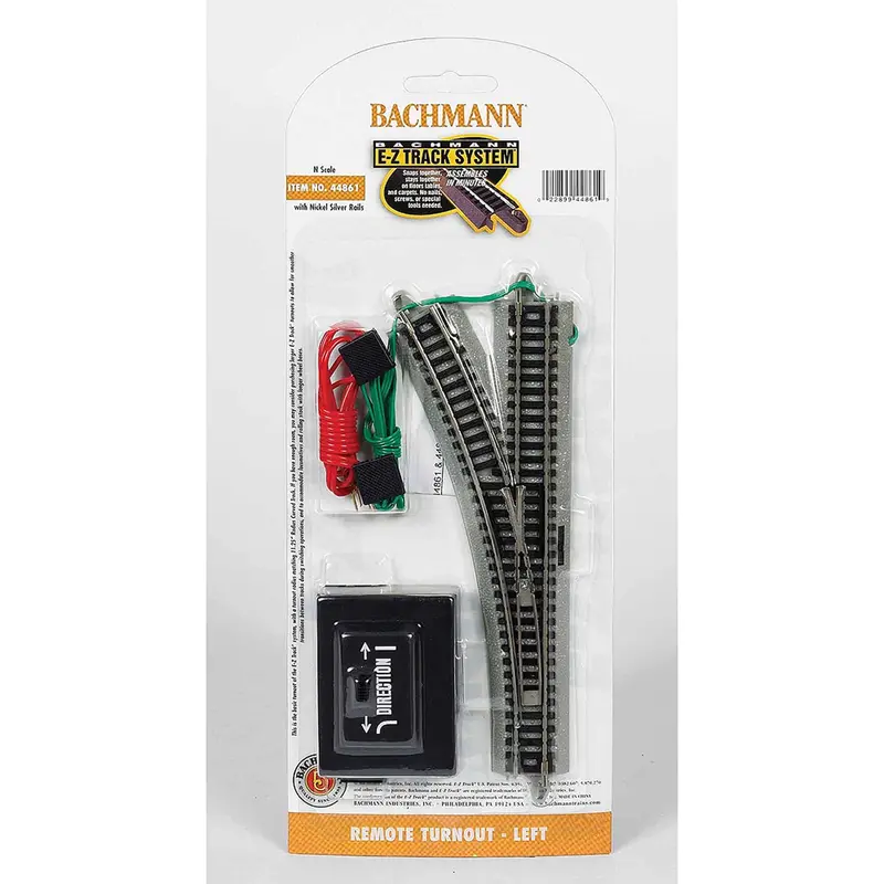 Bachmann E-Z TRACK N Scale Remote Turnout – Left-Hand Nickel Silver Rail with Grey Roadbed