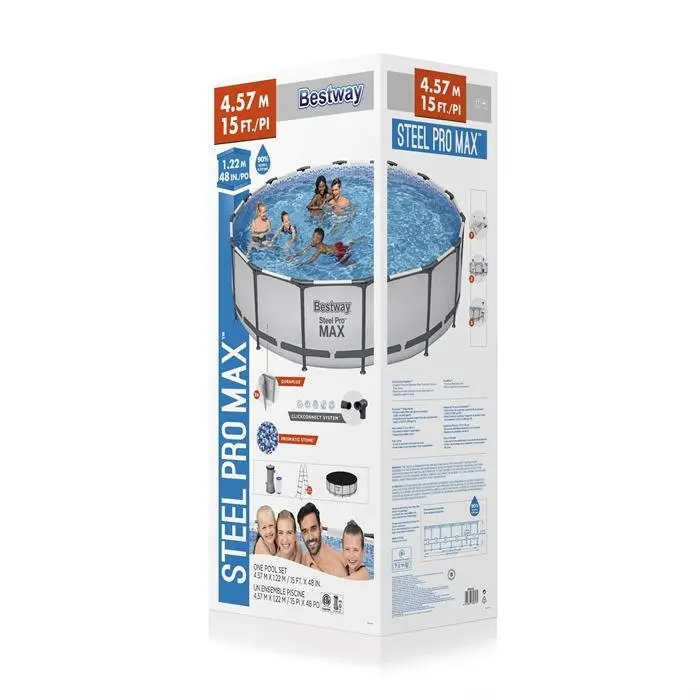 Bestway Steel Pro MAX Above-Ground Pool – 15′ Round x 48″ Deep with Filter Pump, Safety Ladder & Cover (56432)