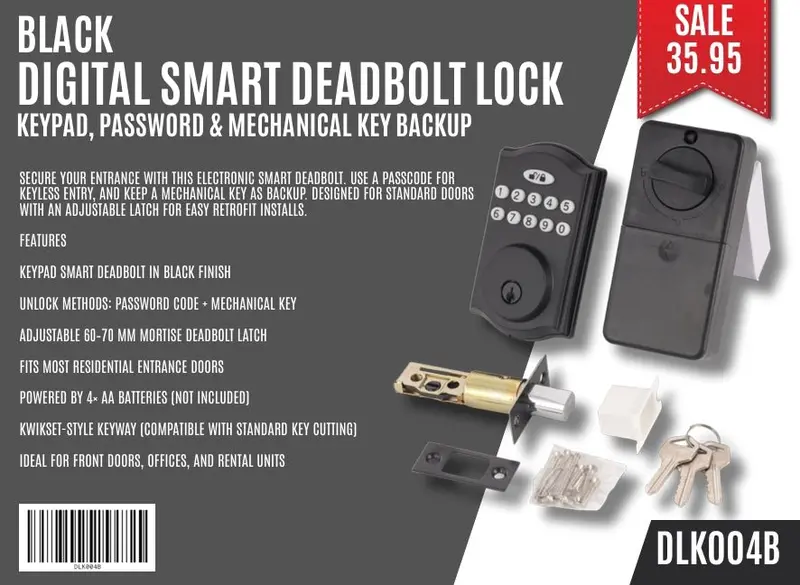 Black Digital Smart Deadbolt – Keypad Entry with Backup Mechanical Key & Password Options (DLK004B)