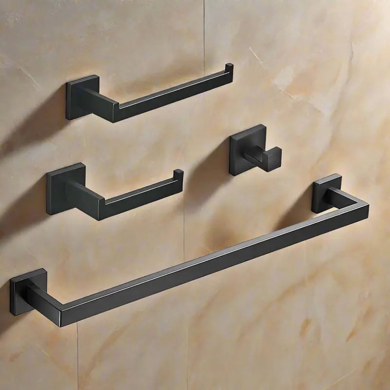 Black Matte Bathroom Hardware Set — 4-Piece Modern Collection Including Towel Bar, Ring, Hook, and TP Holder