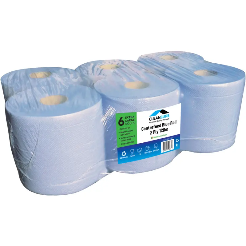Centre-Feed Blue 2-Ply Toilet Paper Roll – 120m, 6-Pack