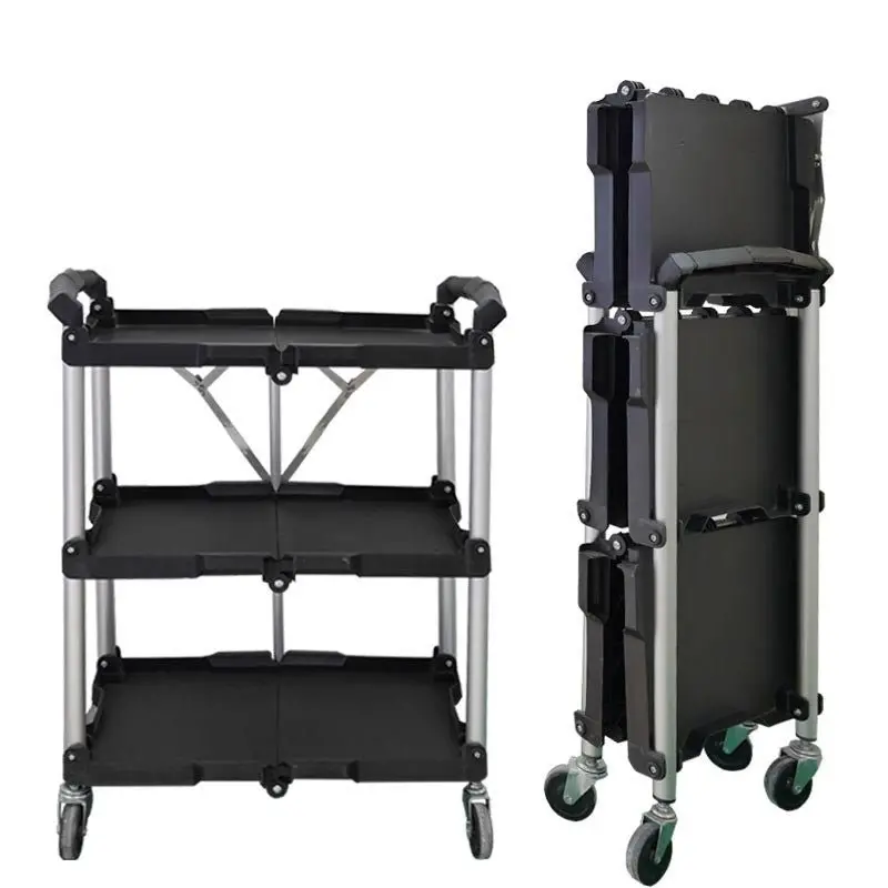Collapsible 3-Layer Service Cart – Portable Folding Utility Trolley with Wheels