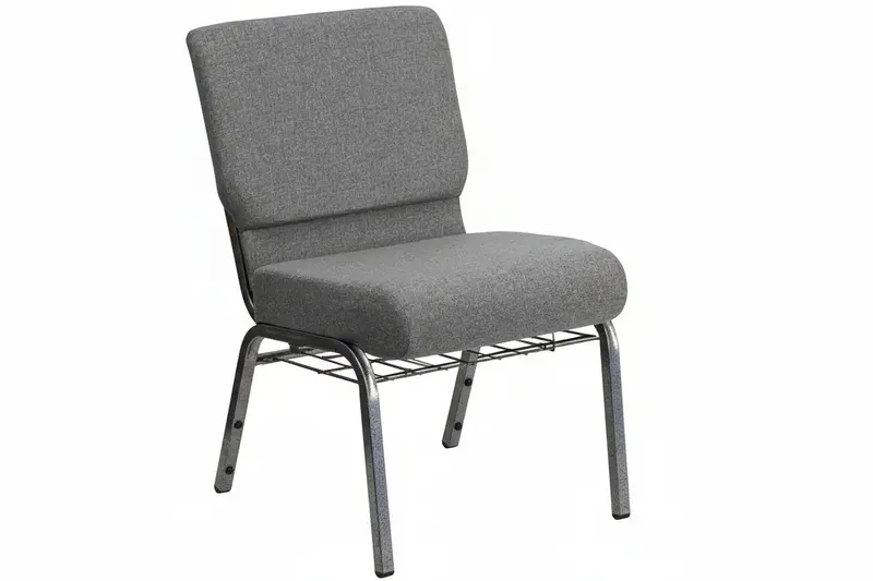 Commercial-Grade Banquet Chair – Wide Church Seating with Book Rack, 800 lb Capacity, Gray Upholstery & Steel Frame | 2504021